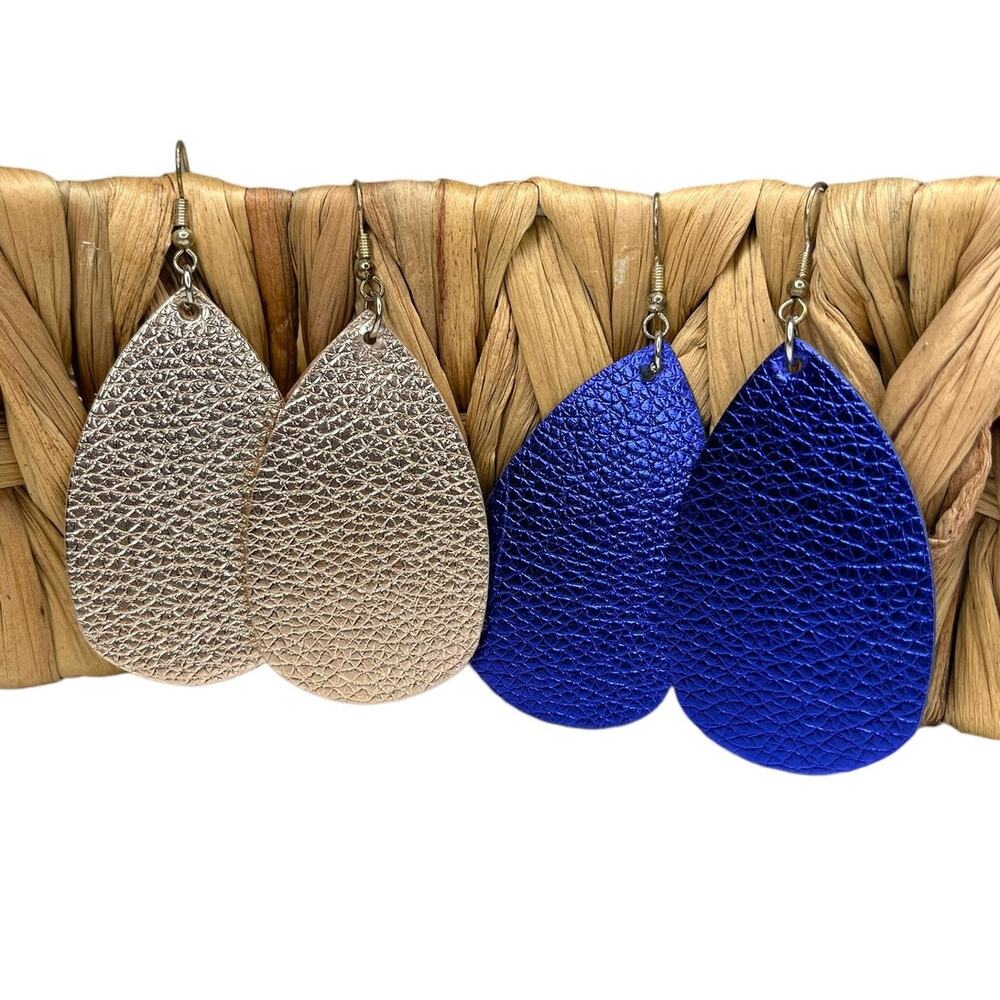 Metallic Faux Leather Teardrop Earrings Blue and Champagne Gold Set of Two